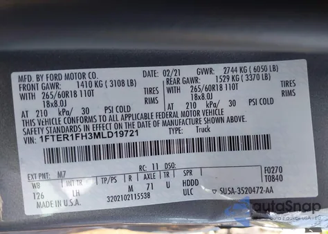 2021 Ford Ranger Xl из США, поврежденный, VIN 1FTER1FH3MLD19721